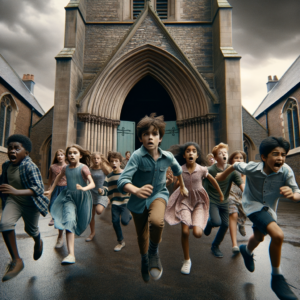 Kinder rennen in Panik aus einer Kirche